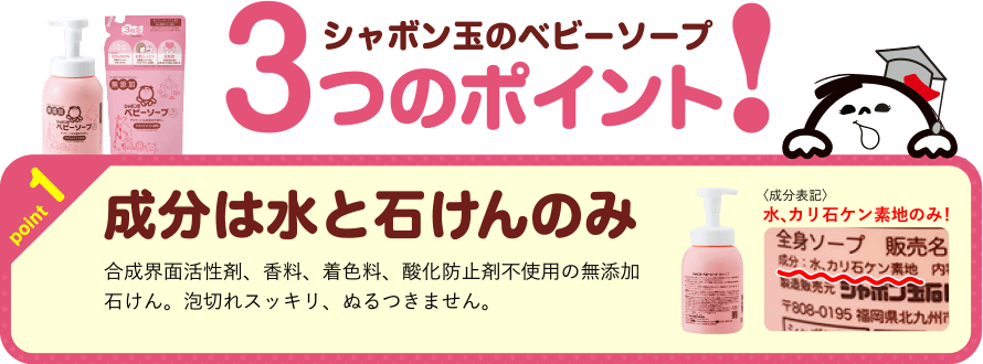 シャボン玉のベビーソープ 3つのポイント! point1 成分は水と石けんのみ 合成界面活性剤、香料、着色料、酸化防止剤不使用の無添加石けん。泡切れスッキリ、ぬるつきません。