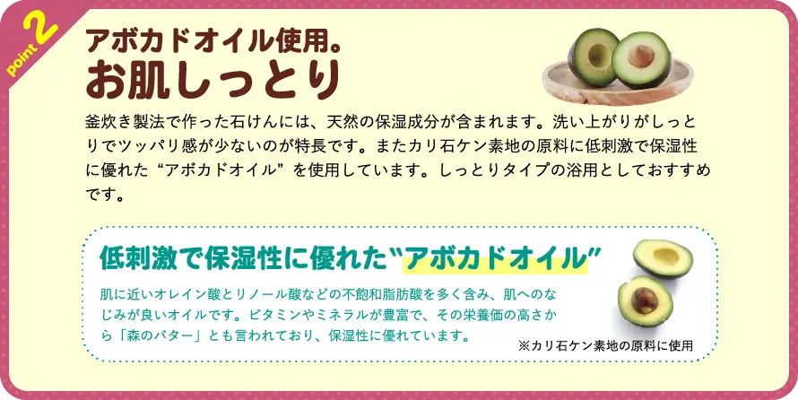 point2 アボカドオイル使用。お肌しっとり 釜炊き製法で作った石けんには、天然の保湿成分が含まれます。洗い上がりがしっとりでツッパリ感が少ないのが特長です。またカリ石ケン素地の原料に低刺激で保湿性に優れた“アボカドオイル”を使用しています。しっとりタイプの浴用としておすすめです。 低刺激で保湿性に優れた“アボカドオイル” 肌に近いオレイン酸とリノール酸などの不飽和脂肪酸を多く含み、肌へのなじみが良いオイルです。ビタミンやミネラルが豊富で、その栄養価の高さから「森のバター」とも言われており、保湿性に優れています。※カリ石ケン素地の原料に使用