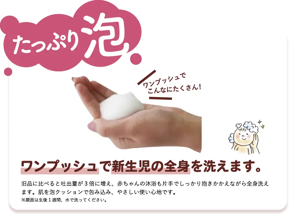 たっぷり泡3倍※になりました! 泡3倍※になって、使いやすくなりました! ※当社旧品「ベビーソープ泡タイプ400mL」と比較 ワンプッシュで赤ちゃんの全身を洗えます。 たっぷり泡なので、赤ちゃんの沐浴も片手でしっかり抱きかかえながら全身洗えます。肌を泡クッションで包み込み、やさしい使い心地です。 ※顔面は生後1週間、水で洗ってください。