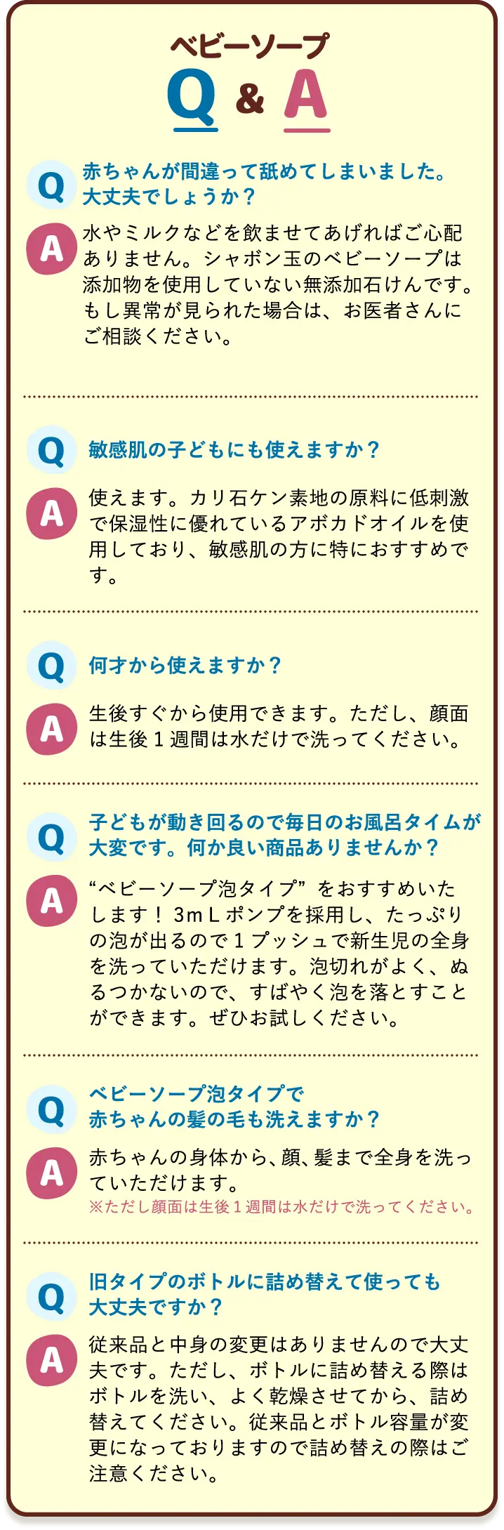 ベビーソープQ&A Q:赤ちゃんが間違って舐めてしまいました。大丈夫でしょうか?/A:水やミルクなどを飲ませてあげればご心配ありません。シャボン玉のベビーソープは添加物を使用していない無添加石けんです。もし異常が見られた場合は、お医者さんにご相談ください。 Q:敏感肌や乾燥肌の子どもにも使えますか?/A:使えます。カリ石ケン素地の原料に低刺激で保湿性に優れているアボカドオイルを使用しており、敏感肌や乾燥肌の方に特におすすめです。 Q:何才から使えますか?/A:生後すぐから使用できます。ただし、顔面は生後1週間は水だけで洗ってください。 Q:子どもが動き回るので毎日のお風呂タイムが大変です。何か良い商品ありませんか?/A:“ベビーソープ泡タイプ”をおすすめいたします!3mLポンプを採用し、たっぷりの泡が出るのでワンプッシュで新生児の全身を洗っていただけます。泡切れがよく、ぬるつかないので、すばやく泡を落とすことができます。ぜひお試しください。 Q:ベビーソープ泡タイプで赤ちゃんの髪の毛も洗えますか?/A:赤ちゃんの身体から、顔、髪まで全身を洗っていただけます。※ただし顔面は生後1週間は水だけで洗ってください。 Q:旧タイプのボトルに詰め替えて使っても大丈夫ですか?/A:従来品と中身の変更はありませんので大丈夫です。ただし、ボトルに詰め替える際はボトルを洗い、よく乾燥させてから、詰め替えてください。従来品とボトル容量が変更になっておりますので詰め替えの際はご注意ください。