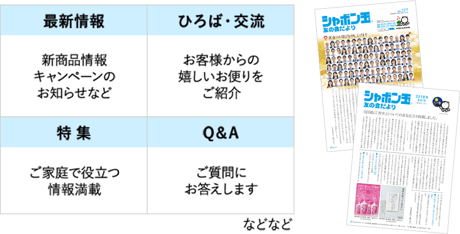 最新情報 新商品のご案内 プレゼント キャンペーンのお知らせなど ひろば・交流 お客様からの嬉しいお便りやオススメの使い方をご紹介 特 集 ご家庭で役立つ 情報満載 Q&A お客様からの ご質問に お答えします